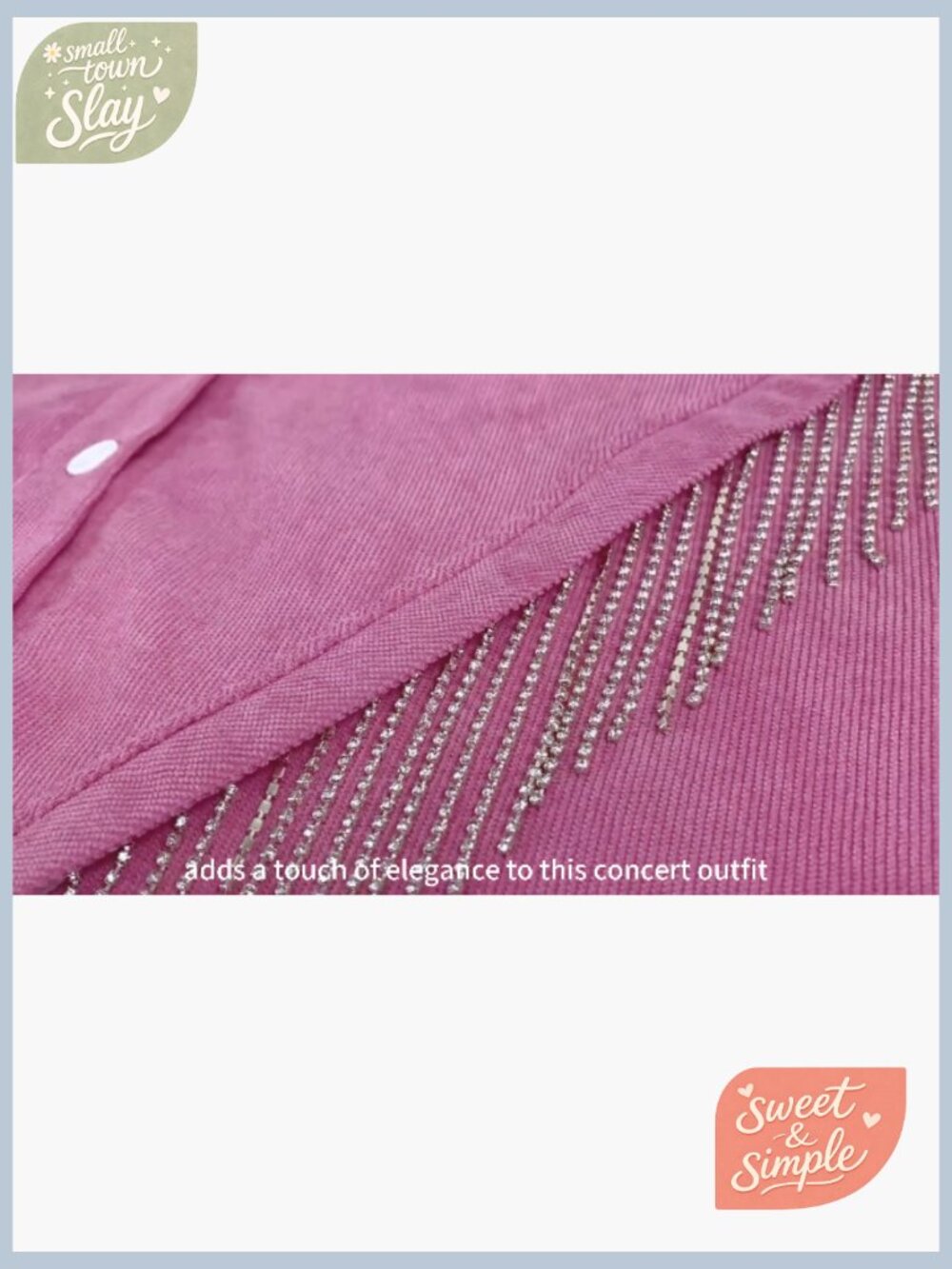Rhinestone Fringe Corduroy Shacket Jacket Long Sleeve Button Down Concert Outfit - Picture 7 of 7